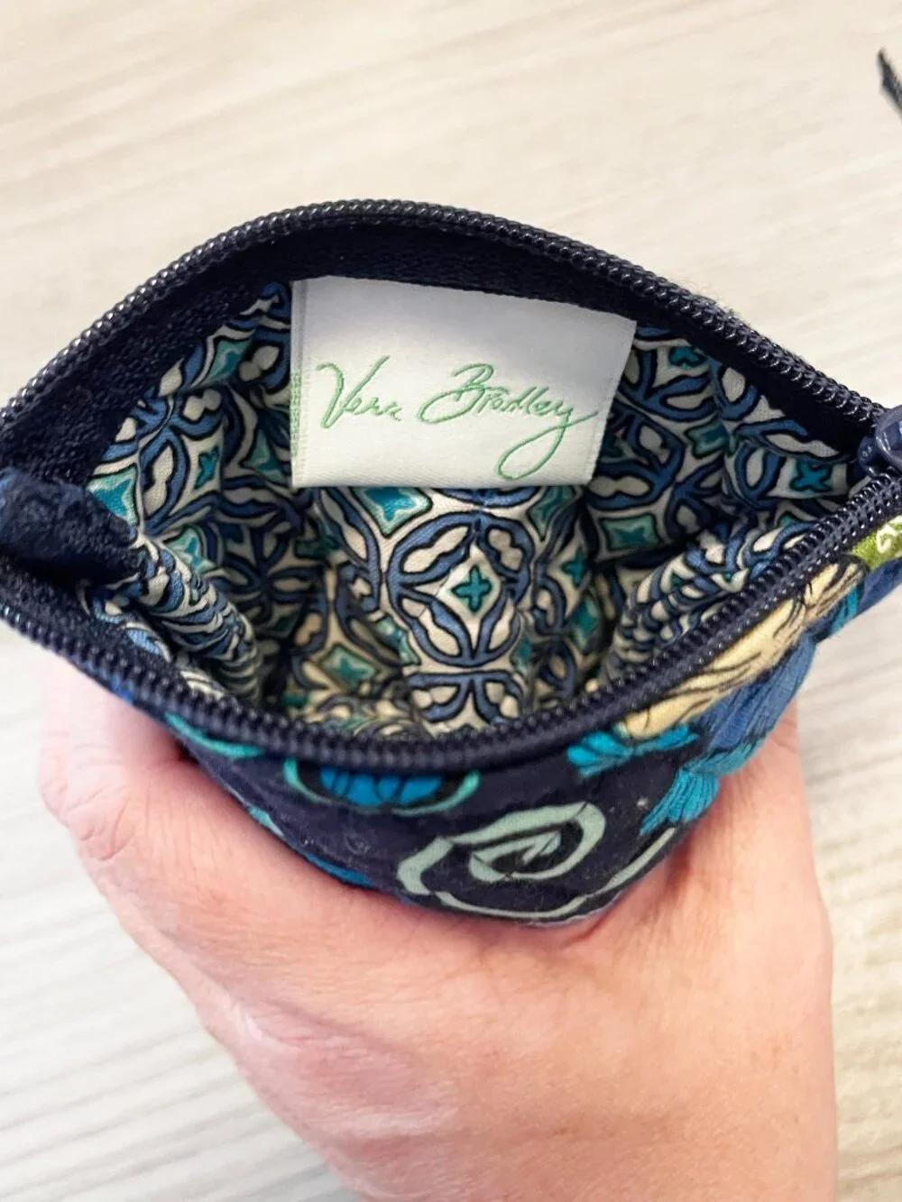 Vera Bradley Quilted Zip Coin Purse Wallet Card Holder Floral Blue Travel Pouch